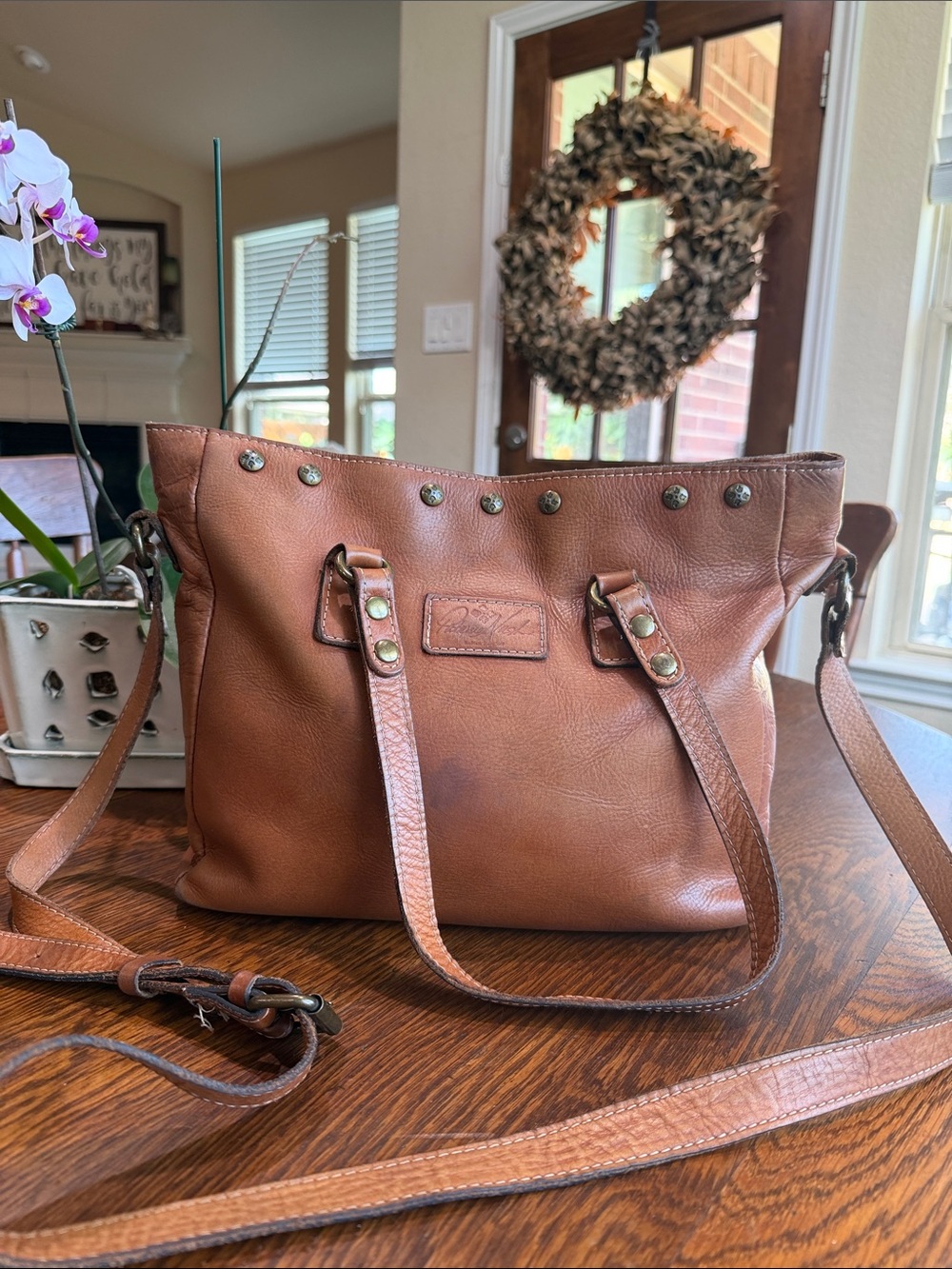 Patricia Nash Vintage Tan Full Grain Leather Satchel Crossbody Tote